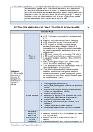 O Modelo de Auto-Avaliação das Bibliotecas Escolares: Metodologias de operacionalização (parte I)

                              tecnologias na escola, com o objectivo de preparar os alunos para uma
                              sociedade de informação e conhecimento. A ausência de equipamento
                              informático na biblioteca levanta sérias dúvidas sobre o tipo de apoio que a
                              biblioteca poderá dar na promoção da literacia da informação. O presente
                              trabalho poderá ser útil para alertar mais uma vez a Direcção da escola
                              para a necessidade de equipar convenientemente a BE.




      METODOLOGIA A IMPLEMENATAR PARA O PROCESSO DE AUTO-AVALIAÇÃO                                                       6


                                                               Indicador A.2.3

                                                                   A BE Colabora no cumprimento dos objectivos do
                                                                   PTE;
                                                                   Colabora nos projectos curriculares de turma;
                                                                   A BE desenvolve acções promotoras das TIC;
                                                                   A BE promove actividades que envolvem a
                                                                   exploração das potencialidades da Web 2.0,
                                                                   nomeadamente, o desenvolvimento de conteúdos
                                                                   na plataforma moodle e a utilização correcta das
                                                                   redes sociais.
                                                                   A BE possui e desenvolve uma página Web própria;
                                     O que se                      A BE constrói uma disciplina na plataforma moodle;
                                     pretende                      A equipa da BE apoia a abertura e desenvolvimento
                                                                   de blogues;
                                                                   O PAA da BE prevê acções para professores e
                                                                   alunos no domínio da literacia digital;
                                                                   A BE disponibiliza recursos electrónicos e media e
                                                                   apoia os utentes na sua utilização;
                                                                   A BE produz, em colaboração com os docentes,
Indicador                                                          materiais informativos e de apoio à adequada
A.2.3 Promoção                                                     utilização da Internet: guiões de pesquisa, grelha
do ensino em                                                       de avaliação de sites, listas de apontadores, guias
contexto de                                                        de procedimentos, outros.
competências
tecnológicas e
digitais na
                                                                   Articulação com a equipa PTE;
escola.
                                                                   Produção e publicação de materiais de apoio aos
                                                                    alunos;
                                                                   Páginas Web, blogues e espaço eventualmente
                                                                    construído na plataforma moodle;
                                                                   Guia do utilizador da BE;
                               Acções a avaliar                    Formação da equipa da BE no âmbito das novas
                                                                    tecnologias e da sociedade de informação;
                                                                   Conteúdos disponibilizados on-line;
                                                                   Acções de desmaterialização dos serviços da
                                                                    biblioteca;
                                                                   Tipo de utilização da sala polivalente;
                                                                   Actividades desenvolvidas na zona multimédia.

                                  Recolha de
                                  evidências                   Materiais multimédia produzidos pela equipa da BE
                                  (Métodos e                    - ao longo do ano;
                                instrumentos a                 Utentes inscritos na plataforma moodle – 1º
                                    utilizar e                  período;
                                   respectiva                  Consultas realizadas aos conteúdos virtuais da BE
“Práticas e Modelos na Auto-Avaliação das Bibliotecas Escolares”
 