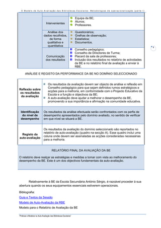 O Modelo de Auto-Avaliação das Bibliotecas Escolares: Metodologias de operacionalização (parte I)



                                                                   Equipa da BE;
                                                                   Alunos;
                                 Intervenientes
                                                                   Professores.

                                Análise dos                        Questionários;
                              dados recolhidos,                    Grelhas de observação;
                                 de forma                          Estatística;
                                qualitativa e                      Documentos.
                                quantitativa                                                                             9
                                                                   Conselho pedagógico;
                                                                   Conselho de Directores de Turma;
                                Comunicação                        Placard da sala de professores;
                                dos resultados                     Inclusão dos resultados no relatório de actividades
                                                                   da BE e no relatório final de avaliação a enviar à
                                                                   RBE.

       ANÁLISE E REGISTO DA PERFORMANCE DA BE NO DOMÍNIO SELECCIONADO


                                   Os resultados da avaliação devem ser objecto de análise e reflexão em
                                   Conselho pedagógico para que sejam definidos rumos estratégicos e
Reflexão sobre
                                   acções para a melhoria, em conformidade com o Projecto Educativo da
os resultados
                                   Escola e a função e objectivos da BE;
 da avaliação
                                   A auto-avaliação deve ajudar a melhorar o desempenho da BE,
                                   promovendo a sua importância e afirmação na comunidade educativa.


 Identificação                Os resultados da análise efectuada serão confrontados com os perfis de
  do nível de                 desempenho apresentados pelo domínio avaliado, no sentido de verificar
 desempenho                   em que nível se situará a BE.


                              Os resultados da avaliação do domínio seleccionado são reportados no
                              relatório de auto-avaliação (quadro na secção A). Esse quadro inclui uma
  Registo da
                              coluna onde devem ser assinaladas as acções consideradas necessárias
auto-avaliação
                              para a melhoria.


                                        RELATÓRIO FINAL DA AVALIAÇÃO DA BE

O relatório deve realçar as estratégias e medidas a tomar com vista ao melhoramento do
desempenho da BE. Este é um dos objectivos fundamentais da auto-avaliação.




       Relativamente à BE da Escola Secundária António Sérgio, é razoável proceder à sua
abertura quando os seus equipamentos essenciais estiverem operacionais.

Bibliografia:
Guia e Textos da Sessão
Modelo de Auto-Avaliação da RBE
Modelo para o Relatório de Avaliação da BE

“Práticas e Modelos na Auto-Avaliação das Bibliotecas Escolares”
 