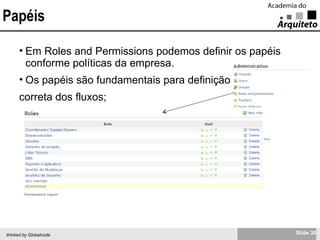 Papéis Em Roles and Permissions podemos definir os papéis conforme políticas da empresa.  Os papéis são fundamentais para definição correta dos fluxos; 