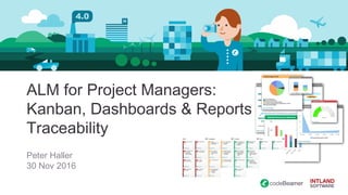 ALM for Project Managers:
Kanban, Dashboards & Reports,
Traceability
Peter Haller
30 Nov 2016
 