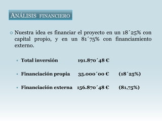 ANÁLISIS       FINANCIERO


   Nuestra idea es financiar el proyecto en un 18´25% con
    capital propio, y en un 81´75% con financiamiento
    externo.

       Total inversión       191.870´48 €

       Financiación propia   35.000´00 €    (18´25%)

       Financiación externa 156.870´48 €    (81,75%)
 