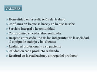 VALORES


 Honestidad en la realización del trabajo
 Confianza en lo que se hace y en lo que se sabe

 Servicio integral a la comunidad

 Compromiso en cada labor realizada.

 Respeto entre cada uno de los integrantes de la sociedad,
  el equipo de trabajo y los clientes
 Lealtad al profesional y a su paciente

 Calidad en cada producto realizado

 Rectitud en la realización y entrega del producto
 