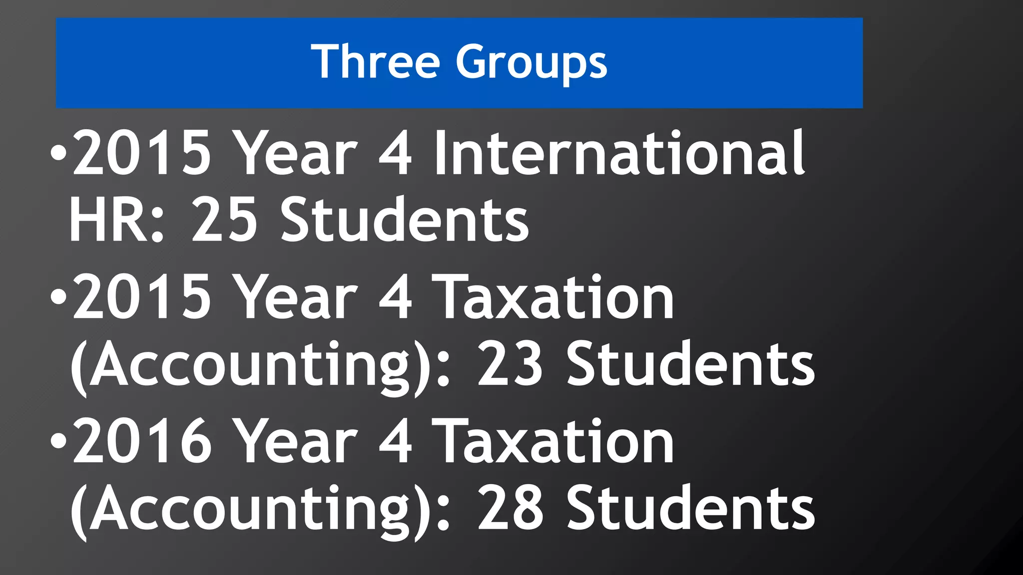 Three Groups
•2015 Year 4 International
HR: 25 Students
•2015 Year 4 Taxation
(Accounting): 23 Students
•2016 Year 4 Taxation
(Accounting): 28 Students
 