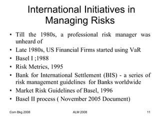 International Initiatives in Managing Risks Till the 1980s, a professional risk manager was unheard of Late 1980s, US Financial Firms started using VaR Basel I ;1988 Risk Metrics, 1995 Bank for International Settlement (BIS) - a series of risk management guidelines  for Banks worldwide Market Risk Guidelines of Basel, 1996 Basel II process ( November 2005 Document) Com Bkg 2008 ALM 2008 
