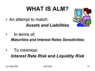 WHAT IS ALM? An attempt to match: Assets and Liabilities In terms of: Maturities and Interest Rates Sensitivities To minimize: Interest Rate Risk  and  Liquidity Risk Com Bkg 2008 ALM 2008 