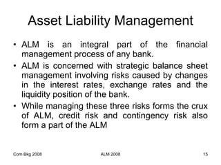 Asset Liability Management ALM is an integral part of the financial management process of any bank.  ALM is concerned with strategic balance sheet management involving risks caused by changes in the interest rates, exchange rates and the liquidity position of the bank.  While managing these three risks forms the crux of ALM, credit risk and contingency risk also form a part of the ALM  Com Bkg 2008 ALM 2008 