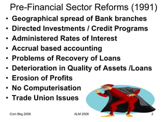 Pre-Financial Sector Reforms (1991) Geographical spread of Bank branches Directed Investments / Credit Programs Administered Rates of Interest Accrual based accounting Problems of Recovery of Loans Deterioration in Quality of Assets /Loans Erosion of Profits  No Computerisation  Trade Union Issues Com Bkg 2008 ALM 2008 