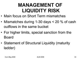 MANAGEMENT OF  LIQUIDITY RISK Main focus on Short Term mismatches Mismatches during 1-30 days < 20 % of cash outflows in the same bucket For higher limits, special sanction from the Board Statement of Structural Liquidity (maturity ladder) Com Bkg 2008 ALM 2008 