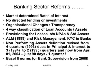 Banking Sector Reforms ……. Market determined Rates of Interest No directed lending or investments Organisational Changes : Transparency 4 way classification of Loan Accounts / Assets Provisioning for Losses  o/a NPAs & Std Assets ALM (1999) and Risk Management, KYC in Banks Non Performing Assets definition revised from  4 quarters (1993) dues in Principal & Interest to  3 (1994)  to 2 (1995) quarters and now from April 01, 2004 – just 90 days / 1 quarter ! Basel II norms for Bank Supervision from 2008 ! Com Bkg 2008 ALM 2008 