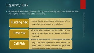 Liquidity Risk
 Liquidity risk arises from funding of long term assets by short term liabilities, thus
making the liabili...