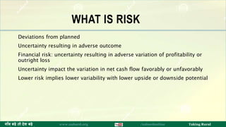 WHAT IS RISK
Deviations from planned
Uncertainty resulting in adverse outcome
Financial risk: uncertainty resulting in adverse variation of profitability or
outright loss
Uncertainty impact the variation in net cash flow favorably or unfavorably
Lower risk implies lower variability with lower upside or downside potential
11ग ाँव बढ़े तो देश बढ़े www.nabard.org /nabardonline Taking Rural
 