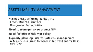 ASSET LIABILITY MANAGEMENT
Various risks affecting banks / FIs
Credit, Market, Operational
Deregulation & competition
Need to manage risk to protect NIM
Need for proper risk mgt policy
Liquidity planning, interest rate risk management
ALM guidelines issued for banks in Feb 1999 and for FIs in
Dec 1999
 
