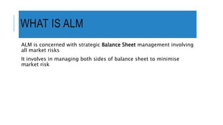 WHAT IS ALM
ALM is concerned with strategic Balance Sheet management involving
all market risks
It involves in managing both sides of balance sheet to minimise
market risk
 