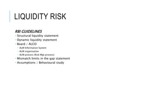 LIQUIDITY RISK
RBI GUIDELINES
 Structural liquidity statement
 Dynamic liquidity statement
 Board / ALCO
 ALM Information System
 ALM organisation
 ALM process (Risk Mgt process)
 Mismatch limits in the gap statement
 Assumptions / Behavioural study
 