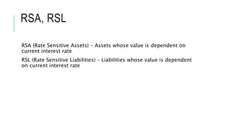 RSA, RSL
RSA (Rate Sensitive Assets) – Assets whose value is dependent on
current interest rate
RSL (Rate Sensitive Liabilities) – Liabilities whose value is dependent
on current interest rate
 