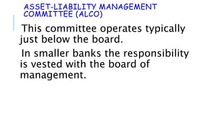 ASSET-LIABILITY MANAGEMENT
COMMITTEE (ALCO)
This committee operates typically
just below the board.
In smaller banks the responsibility
is vested with the board of
management.
 