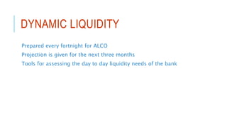 DYNAMIC LIQUIDITY
Prepared every fortnight for ALCO
Projection is given for the next three months
Tools for assessing the day to day liquidity needs of the bank
 