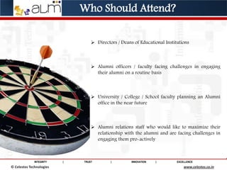 INTEGRITY | TRUST | INNOVATION | EXCELLENCE
© Saviance Technologies 2012 www.saviance.com
 Directors / Deans of Educational Institutions
 Alumni officers / faculty facing challenges in engaging
their alumni on a routine basis
 University / College / School faculty planning an Alumni
office in the near future
 Alumni relations staff who would like to maximize their
relationship with the alumni and are facing challenges in
engaging them pro-actively
© Celestos Technologies www.celestos.co.in
Who Should Attend?
 