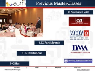 INTEGRITY | TRUST | INNOVATION | EXCELLENCE
© Saviance Technologies 2012 www.saviance.com
215 Institutions
9 Cities
422 Participants
In Association With
© Celestos Technologies www.celestos.co.in
Previous MasterClasses
 