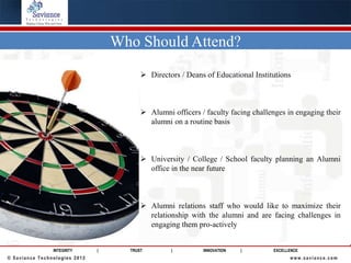 Who Should Attend?
                                          Directors / Deans of Educational Institutions



                                          Alumni officers / faculty facing challenges in engaging their
                                           alumni on a routine basis



                                          University / College / School faculty planning an Alumni
                                           office in the near future



                                          Alumni relations staff who would like to maximize their
                                           relationship with the alumni and are facing challenges in
                                           engaging them pro-actively


                INTEGRITY      |     TRUST        |         INNOVATION   |        EXCELLENCE
© Saviance Technologies 2012                                                            www.saviance.com
 
