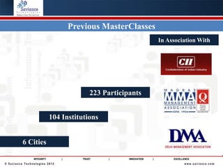 Previous MasterClasses
                                                                        In Association With




                                           223 Participants


                            104 Institutions


          6 Cities

                INTEGRITY       |      TRUST    |      INNOVATION   |        EXCELLENCE
© Saviance Technologies 2012                                                       www.saviance.com
 
