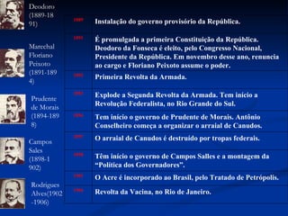Deodoro (1889-1891)     Marechal Floriano Peixoto (1891-1894)  Prudente de Morais (1894-1898)  Campos Sales (1898-1902)    Rodrigues Alves(1902-1906)    1889 Instalação do governo provisório da República. 1891 É promulgada a primeira Constituição da República. Deodoro da Fonseca é eleito, pelo Congresso Nacional, Presidente da República. Em novembro desse ano, renuncia ao cargo e Floriano Peixoto assume o poder. 1892 Primeira Revolta da Armada. 1893 Explode a Segunda Revolta da Armada. Tem início a Revolução Federalista, no Rio Grande do Sul. 1894 Tem início o governo de Prudente de Morais. Antônio Conselheiro começa a organizar o arraial de Canudos. 1897 O arraial de Canudos é destruído por tropas federais. 1898 Têm início o governo de Campos Salles e a montagem da “Política dos Governadores”. 1903 O Acre é incorporado ao Brasil, pelo Tratado de Petrópolis. 1904 Revolta da Vacina, no Rio de Janeiro. 