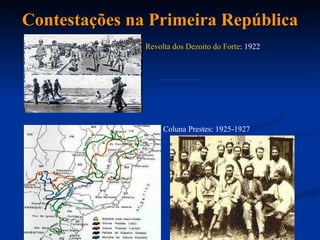 Contestações na Primeira República Coluna Prestes: 1925-1927 Revolta dos Dezoito do Forte : 1922 
