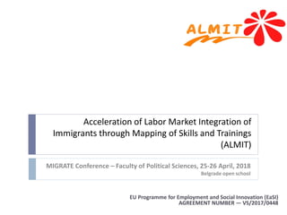 EU Programme for Employment and Social Innovation (EaSI)
AGREEMENT NUMBER — VS/2017/0448
Acceleration of Labor Market Integration of
Immigrants through Mapping of Skills and Trainings
(ALMIT)
MIGRATE Conference – Faculty of Political Sciences, 25-26 April, 2018
Belgrade open school
 