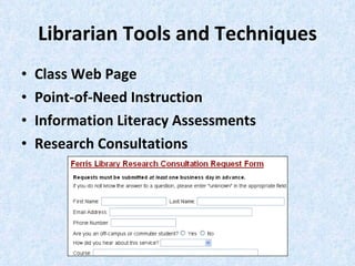 Librarian Tools and Techniques Class Web Page Point-of-Need Instruction Information Literacy Assessments Research Consultations 
