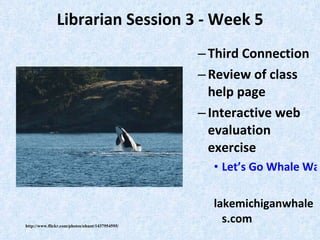 Librarian Session 3 - Week 5 Third Connection Review of class help page Interactive web evaluation exercise Let’s Go Whale Watching lakemichiganwhales.com http://www.flickr.com/photos/nhunt/1437954595/ 