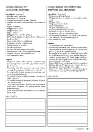 Moussaka vegetariana com                                    Berinjelas grelhadas com ricota temperada
azeitonas pretas desidratadas                               de parmesão, rúcula e tomate seco
ingredientes (6 pessoas)                                    ingredientes (4 pessoas)
• 400 g berinjelas grelhadas                                • 400 g de berinjelas grelhadas
• 150 g de cebola triturada                                 • 120 g de tomate seco cortado finamente com uma te-
• 200 g de abobrinha cortada em pedaços                       soura
• 200 g de cogumelos frescos variados cortados em pe-       • 400 g de ricota
  daços                                                     • 150 g de parmesão ralado
• 80 g de alho-poró                                         • Noz-moscada ralada
                                                            • 100 g de castanha do pará
• 100 g parmesão ralado
                                                            • 1 maço grande de rúcula selvagem
• 200 g mussarela ralada
                                                            • 2 colheres de sopa de tomilho fresco
• 80 g de cenoura                                           • 5 colheres de sopa de azeite extra virgem
• 100 g pimentão vermelho grelhado                          • 600 ml de molho de tomate (ver receita básica) tempe-
• 600 g batata cozidas em ponto firme e fatiadas no           rado com 1 taça de vinho tinto (opcional)
  comprimento                                               • Sal e pimenta-do-reino
• 1 L de béchamel (ver receita básica)
• 2 galhos de salsinha fresca triturada                     Preparo
• 1 colher de café de tomilho                               • Em um bowl triturar bem a ricota.
• 1 colher de orégano                                       • Aquecer uma panela de água, e quando quase ferver,
• 1 colher de sopa rasa de canela em pó                       escaldar as folhas de rúcula e depois de minuto inter-
• 500 ml de molho de tomate (ver receita básica)              romper o cozimento com gelo e água.
• 200 g de azeitonas pretas desidratadas                    • Secar as folhas de rúcula com papel toalha e cortá-las
• Sal e pimenta-do-reino                                      em pedaços pequenos com uma tesoura. Misturar a
                                                              rúcula, o tomate seco e 2/3 do parmesão ralado e a
Preparo                                                       castanha do pará triturada com a ricota. Temperar com
• Refogar em azeite, o alho, a cebola, a cenoura, o alho-     sal, pimenta e azeite. Reservar.
  poró, os cogumelos, a abobrinha, o pimentão e o mo-       • Dispor três fatias de berinjelas grelhadas uma ao lado
                                                              da outra. Colocar 1/4 da mistura e enrolar. Repetir a
  lho de tomate.
                                                              operação até terminar a ricota temperada.
• Acrescentar o tomilho, o orégano e a canela e deixar
                                                            • Cobrir com o molho de tomate e o restante do queijo
  encorpar. Temperar com sal e pimenta e reservar.            parmesão e levar para gratinar a 180º C por 30 min.
• Em uma tigela refratária untada com manteiga, colo-
  car uma camada de batatas.
• Em seguida, colocar o molho de tomate com os cogu-        OBSERVAÇÕES
  melos e verduras.
• Em seguida dispor as berinjelas grelhadas. Polvilhar
  com 2/3 dos queijos.
• Cobrir com o béchamel e finalizar com o restante do
  queijo. Levar ao forno a 180ºC por 35 minutos ou até
  gratinar o queijo.
• Servir imediatamente, decorando com as azeitonas
  desidratadas.

OBSERVAÇÕES




                                                                                                    CLUB GOURMET   6
 