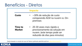 Science to Business 
Copyright – Direitos autorais 
Copyright © 2011-2014 Konia Tecnologia. Este documento é inédito e a advertência precedente é fixada para proteger Konia Tecnologia. no caso de 
publicação não autorizada. Todos os direitos reservados. Nenhuma parte deste documento pode ser reproduzida em qualquer forma, inclusive fotocópia 
ou transmissão eletrônica para qualquer computador, sem autorização prévia por escrito de Konia Tecnologia. As informações contidas neste 
documento são confidenciais e propriedade da Konia Tecnologia. e não podem ser usadas ou reveladas exceto quando expressamente autorizado por 
escrito por Konia Tecnologia. 
Adriano Bertucci 
Consultor ALM – Konia Tecnologia 
Microsoft Visual Studio ALM MVP 
adriano.bertucci@konia.com.br 
@adrianobertucci 
