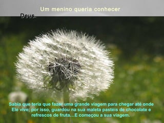 Um menino queria conhecer 
DDeeuuss. 
Lindas apresentações! 
Se quiser ver mais, acesse o blog 
http://www.LUZNOINFINITO.BLOGSPOT.COM 
Sabia que teria que fazer uma grande viagem para chegar até onde 
Ele vive; por isso, guardou na sua maleta pastéis de chocolate e 
refrescos de fruta…E começou a sua viagem. 
 