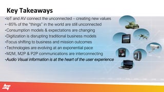© 2017 AVIXA
Key Takeaways
•IoT and AV connect the unconnected – creating new values
•~85% of the “things” in the world ar...