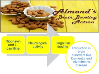 Riboflavin
and L-
carnitine
Neurological
activity
Cognitive
decline Reduction in
brain
disorders like
Dementia and
Alzheimer's
disease
 