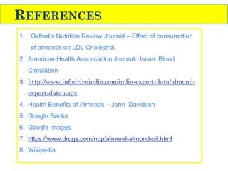 REFERENCES
1. Oxford’s Nutrition Review Journal – Effect of consumption
of almonds on LDL Cholestrol.
2. American Health Assosciation Journak. Issue: Blood
Circulation
3. http://www.infodriveindia.com/india-export-data/almond-
export-data.aspx
4. Health Benefits of Almonds – John Davidson
5. Google Books
6. Google Images
7. https://www.drugs.com/npp/almond-almond-oil.html
8. Wikipedia
 