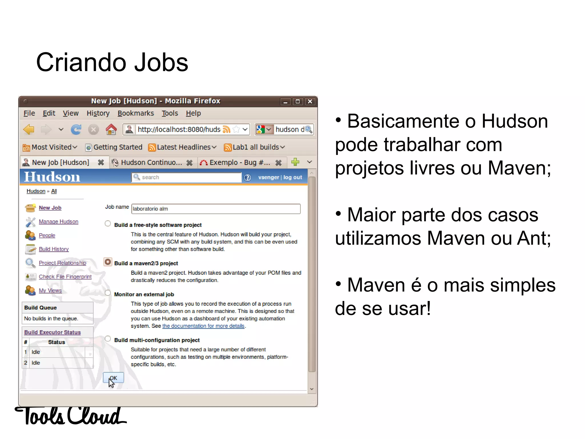 Criando Jobs
• Basicamente o Hudson
pode trabalhar com
projetos livres ou Maven;
• Maior parte dos casos
utilizamos Maven ou Ant;
• Maven é o mais simples
de se usar!
 