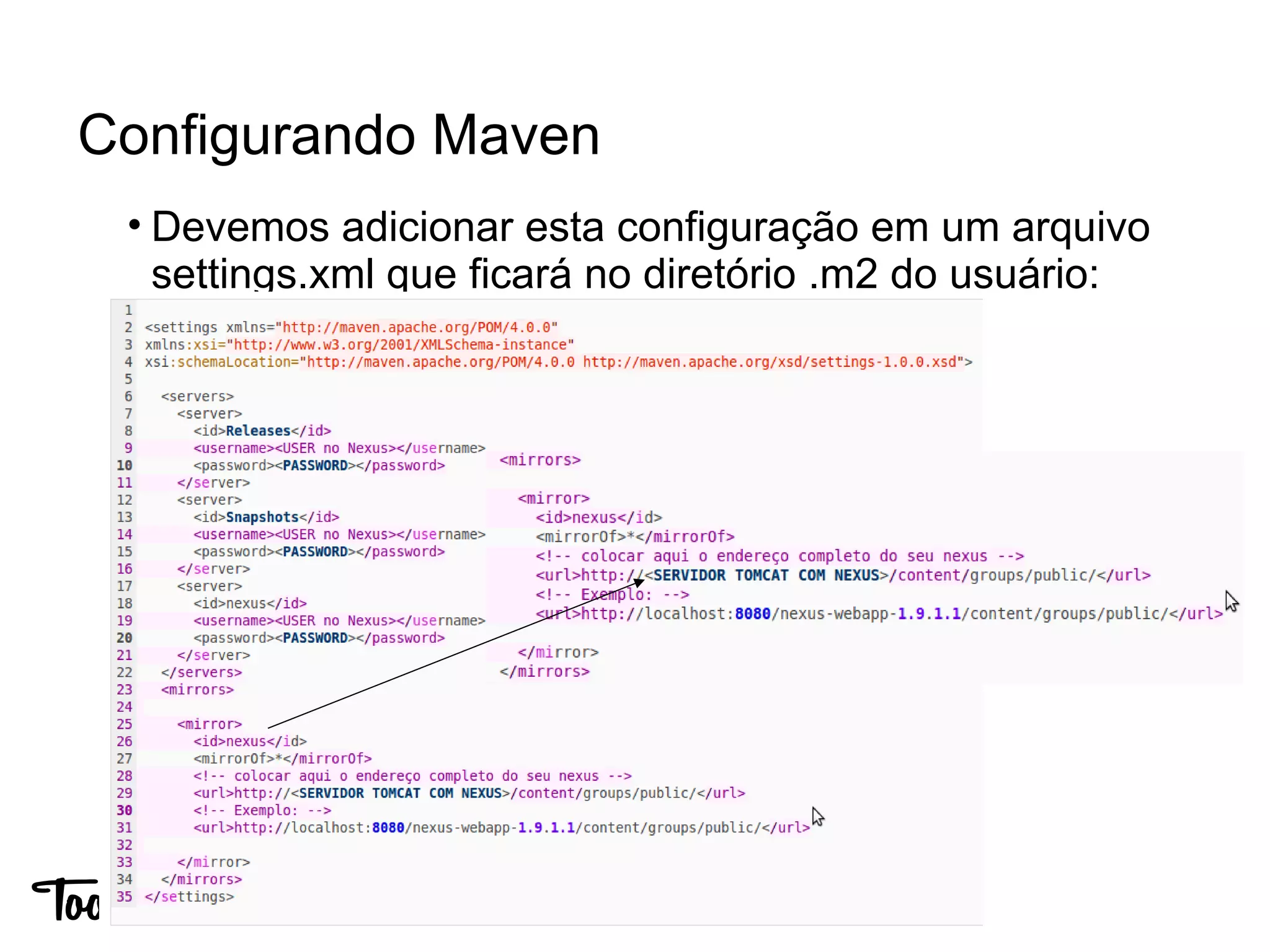 • Devemos adicionar esta configuração em um arquivo
settings.xml que ficará no diretório .m2 do usuário:
Configurando Maven
 