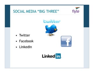 SOCIAL MEDIA “BIG THREE”




 • Twitter
 • Facebook
 • LinkedIn
 