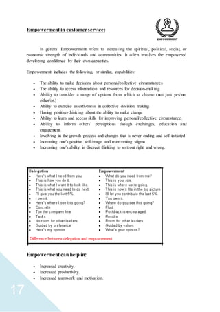 17
Empowerment in customerservice:
In general Empowerment refers to increasing the spiritual, political, social, or
economic strength of individuals and communities. It often involves the empowered
developing confidence by their own capacities.
Empowerment includes the following, or similar, capabilities:
 The ability to make decisions about personal/collective circumstances
 The ability to access information and resources for decision-making
 Ability to consider a range of options from which to choose (not just yes/no,
either/or.)
 Ability to exercise assertiveness in collective decision making
 Having positive-thinking about the ability to make change
 Ability to learn and access skills for improving personal/collective circumstance.
 Ability to inform others’ perceptions though exchanges, education and
engagement.
 Involving in the growth process and changes that is never ending and self-initiated
 Increasing one's positive self-image and overcoming stigma
 Increasing one's ability in discreet thinking to sort out right and wrong.
Empowerment can help in:
 Increased creativity.
 Increased productivity.
 Increased teamwork and motivation.
 