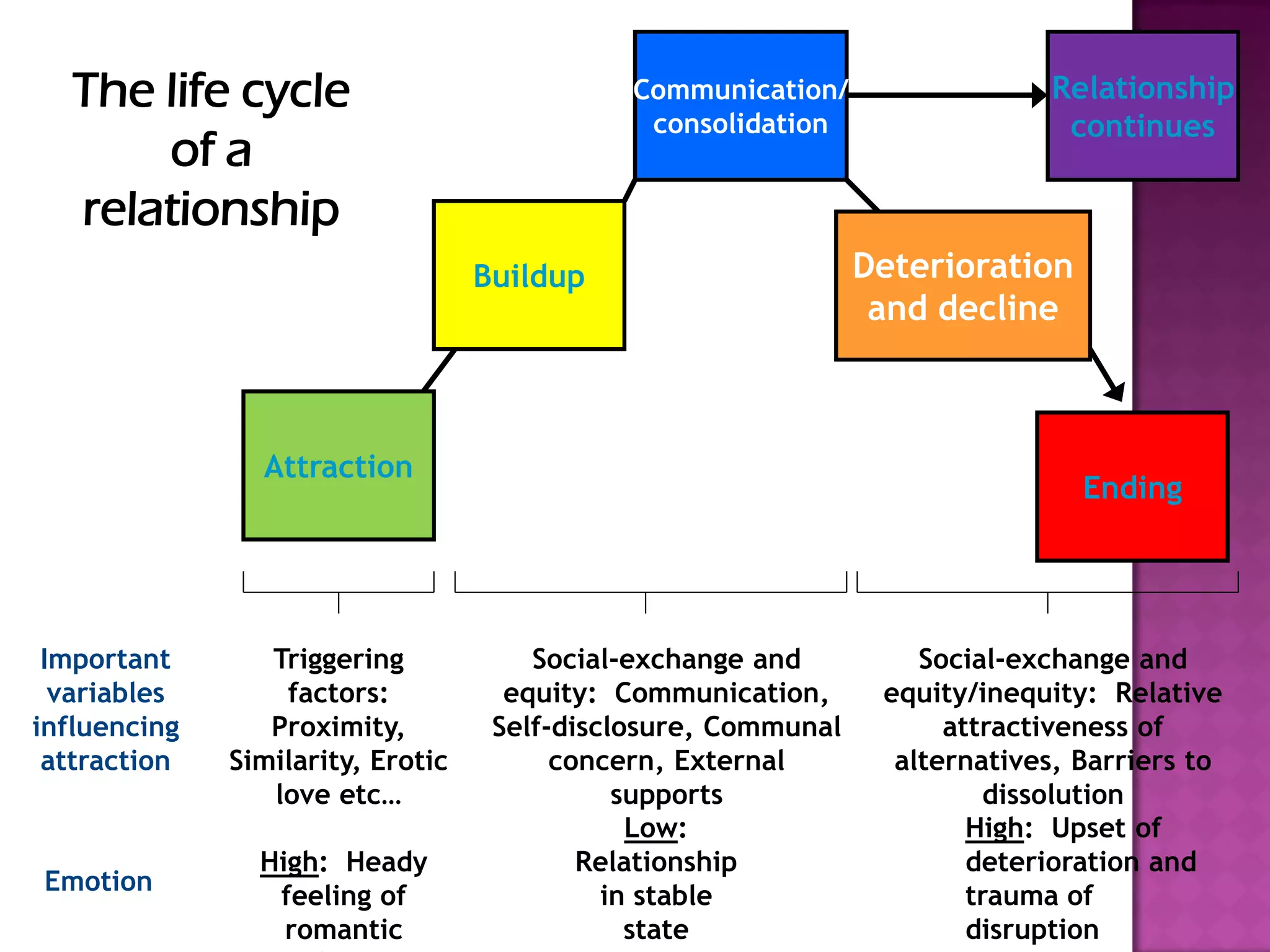 Attraction
Communication/
consolidation
Buildup
Ending
Deterioration
and decline
Relationship
continues
Triggering
factors:
Proximity,
Similarity, Erotic
love etc…
Social-exchange and
equity: Communication,
Self-disclosure, Communal
concern, External
supports
Social-exchange and
equity/inequity: Relative
attractiveness of
alternatives, Barriers to
dissolution
Important
variables
influencing
attraction
Emotion
Low:
Relationship
in stable
state
High: Heady
feeling of
romantic
High: Upset of
deterioration and
trauma of
disruption
The life cycle
of a
relationship
 
