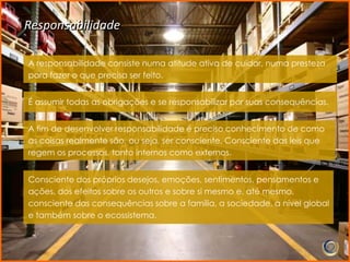 Responsabilidade

A responsabilidade consiste numa atitude ativa de cuidar, numa presteza
para fazer o que precisa ser feito.


É assumir todas as obrigações e se responsabilizar por suas consequências.


A fim de desenvolver responsabilidade é preciso conhecimento de como
as coisas realmente são, ou seja, ser consciente. Consciente das leis que
regem os processos, tanto internos como externos.


Consciente dos próprios desejos, emoções, sentimentos, pensamentos e
ações, dos efeitos sobre os outros e sobre si mesmo e, até mesmo,
consciente das consequências sobre a família, a sociedade, a nível global
e também sobre o ecossistema.
 
