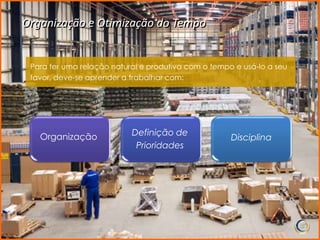 Organização e Otimização do Tempo


 Para ter uma relação natural e produtiva com o tempo e usá-lo a seu
 favor, deve-se aprender a trabalhar com:




   Organização             Definição de
                                                     Disciplina
                            Prioridades
 
