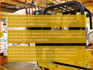 Cooperação

 A cooperação libera uma força vital de energia criativa que
 proporciona benefícios muito mais amplos do que uma pessoa,
 individualmente, poderá conseguir.



 Quando se aprende a cooperar, se abre à própria vida, para a rica
 experiência que é trabalhar com outros, dividindo com eles as próprias
 habilidades, interesses e experiências.



 À medida que o ambiente de trabalho se torna vital e produtivo,
 desenvolve-se disposição para participar, confiar uns nos outros,
 ajudando-se mutuamente a superar obstáculos, de sorte que o
 trabalho flui de forma agradável e uniforme para todos.
 