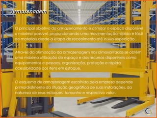 Armazenagem

 O principal objetivo do armazenamento é otimizar o espaço disponível
 o máximo possível, proporcionando uma movimentação rápida e fácil
 de materiais desde a etapa do recebimento até a sua expedição.


 Através da otimização da armazenagem nos almoxarifados se obtém
 uma máxima utilização do espaço e dos recursos disponíveis como
 equipamentos e pessoas, organização, proteção e rápida
 acessibilidade aos itens em estoque.


 O esquema de armazenagem escolhido pela empresa depende
 primordialmente da situação geográfica de suas instalações, da
 natureza de seus estoques, tamanho e respectivo valor.
 