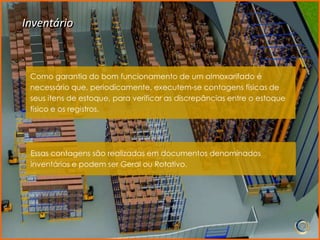 Inventário



 Como garantia do bom funcionamento de um almoxarifado é
 necessário que, periodicamente, executem-se contagens físicas de
 seus itens de estoque, para verificar as discrepâncias entre o estoque
 físico e os registros.




 Essas contagens são realizadas em documentos denominados
 inventários e podem ser Geral ou Rotativo.
 