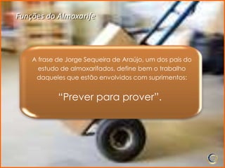 Funções do Almoxarife



    A frase de Jorge Sequeira de Araújo, um dos pais do
      estudo de almoxarifados, define bem o trabalho
     daqueles que estão envolvidos com suprimentos:


            “Prever para prover”.
 