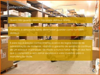Conhecimento


 Quem não guarda direito, não pode distribuir direito.



 Portanto, o almoxarife tanto deve saber guardar como também
 distribuir.



 E para isso é preciso conhecimento acerca da regras básicas de
 administração de materiais, visando a garantia de existência contínua
 de um estoque organizado, de modo a nunca faltar nenhum dos itens
 que o compõem e sem tornar excessivo o valor investido para a
 manutenção deste.
 