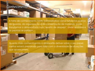 Conhecimento


 A falta de conhecimento tanto administrativo como funcional acerca
 da guarda, da organização e da conservação de materiais, pode
 transformar o almoxarifado num "quarto de despejo", onde as coisas e
 as pessoas se perdem.




 Quanto mais conhecimentos o almoxarife detiver sobre o seu papel,
 melhor estará preparado para lidar com a diversidade de situações
 que aparecerem.
 