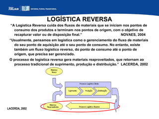 “A Logística Reversa cuida dos fluxos de materiais que se iniciam nos pontos de
consumo dos produtos e terminam nos pontos de origem, com o objetivo de
recapturar valor ou de disposição final.” NOVAES, 2004
“Usualmente, pensamos em logística como o gerenciamento do fluxo de materiais
do seu ponto de aquisição até o seu ponto de consumo. No entanto, existe
também um fluxo logístico reverso, do ponto de consumo até o ponto de
origem, que precisa ser gerenciado.
O processo de logística reversa gera materiais reaproveitados, que retornam ao
processo tradicional de suprimento, produção e distribuição.” LACERDA, 2002
LOGÍSTICA REVERSA
LACERDA, 2002
 